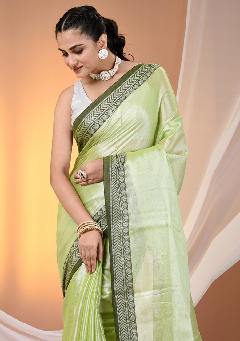 Light Green Floral Embroidery Tissue Saree Set - Indya