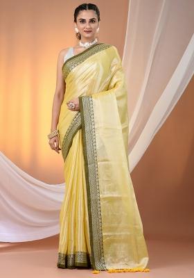 Yellow Floral Embroidery Tissue Saree Set