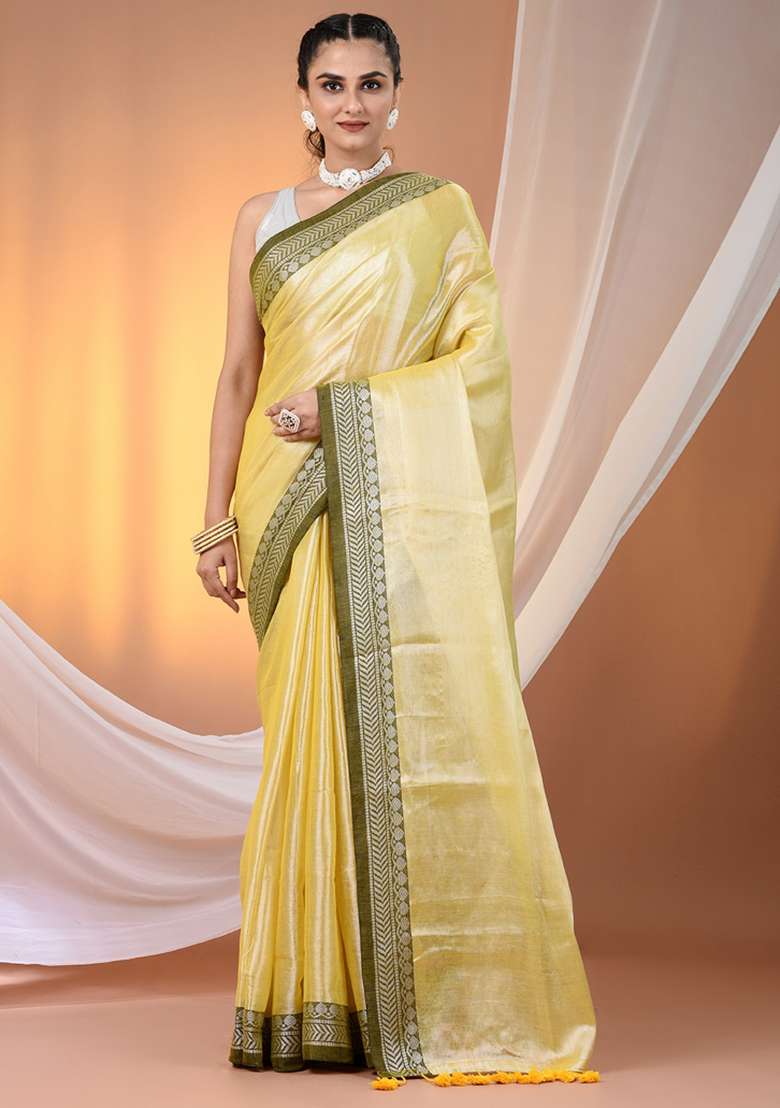 Yellow Floral Embroidery Tissue Saree Set for Diwali and Festive Wear - Indya