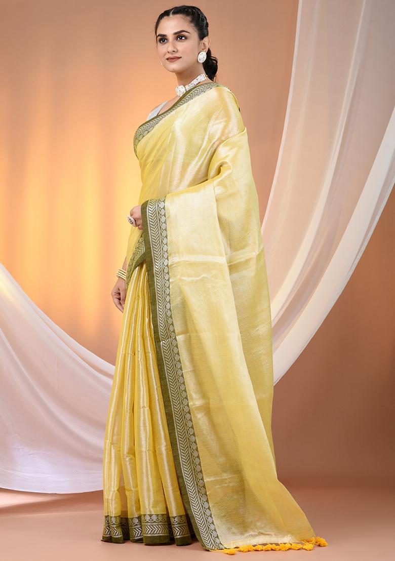 Yellow Floral Embroidery Tissue Saree Set - Indya