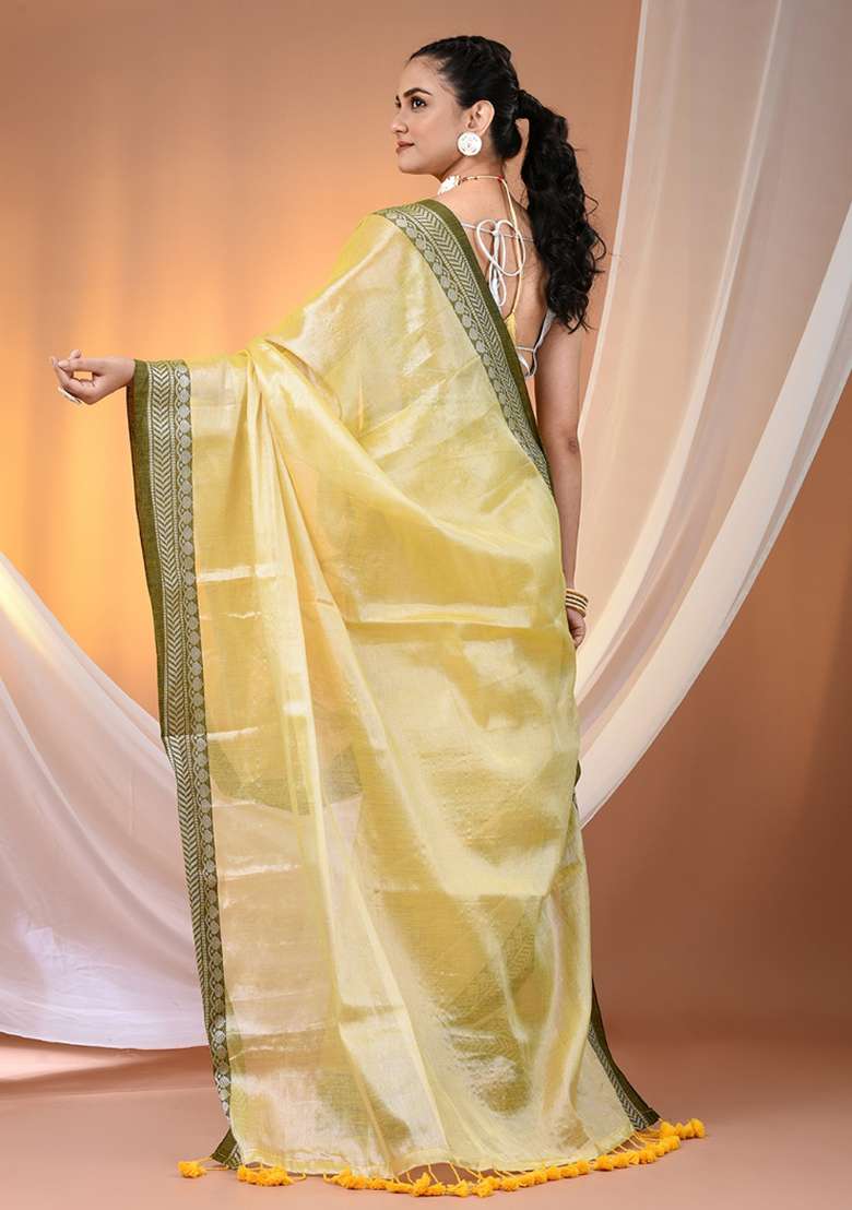 Yellow Floral Embroidery Tissue Saree Set for Diwali and Festive Wear - Indya