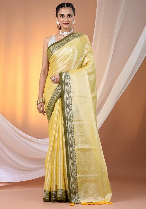 Yellow Floral Embroidery Tissue Saree Set
