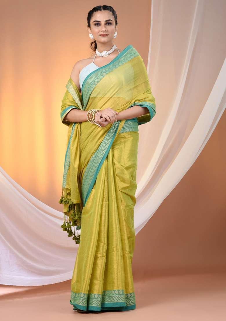 Lime Green Floral Tissue Saree Set with Embroidery for Diwali | Wedding & Festive Wear - Indya