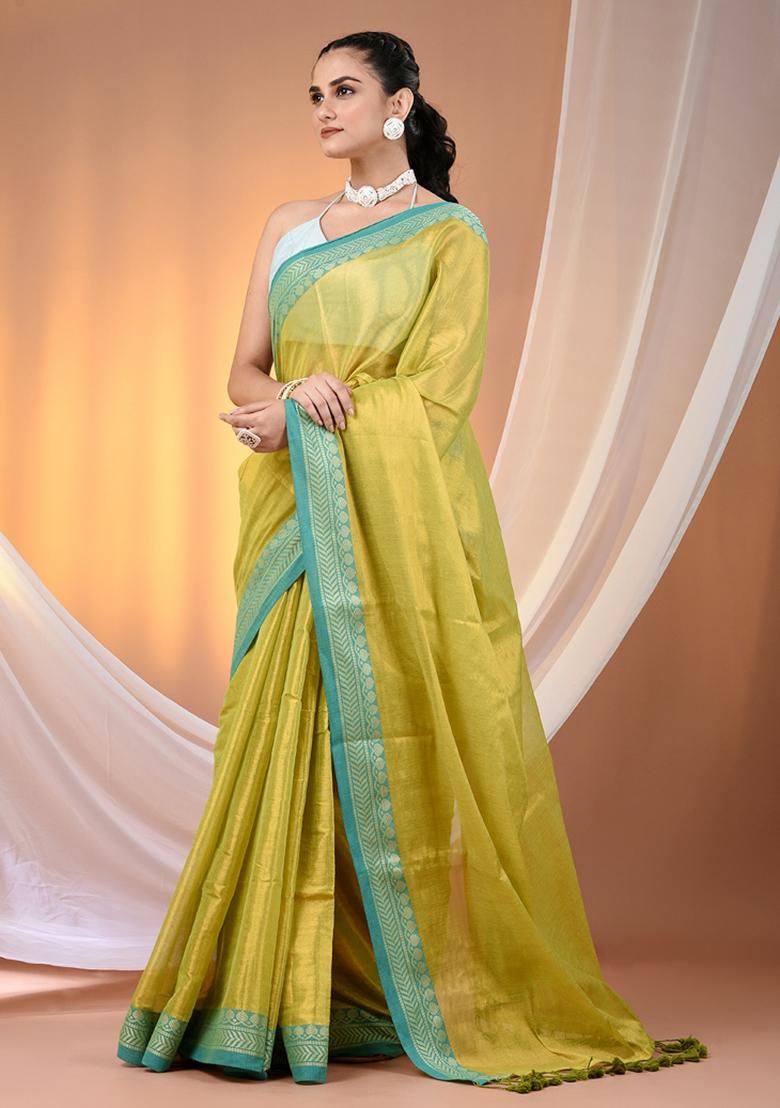 Lime Green Floral Embroidery Tissue Saree Set - Indya