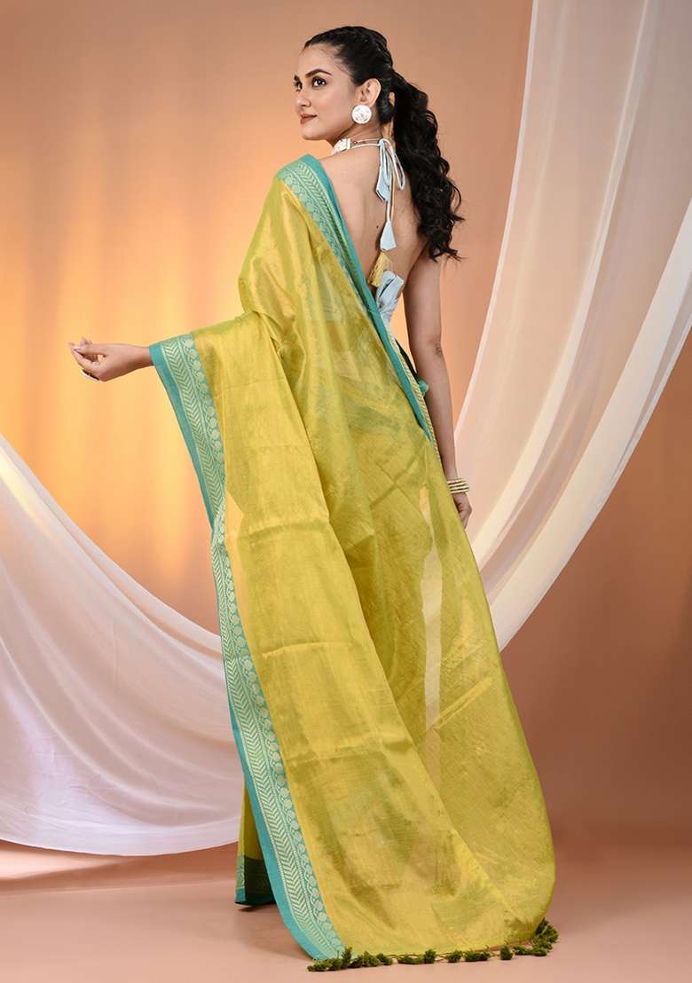 Lime Green Floral Tissue Saree Set with Embroidery for Diwali | Wedding & Festive Wear - Indya