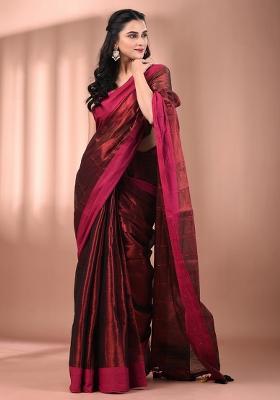 Maroon Floral Embroidery Tissue Saree Set