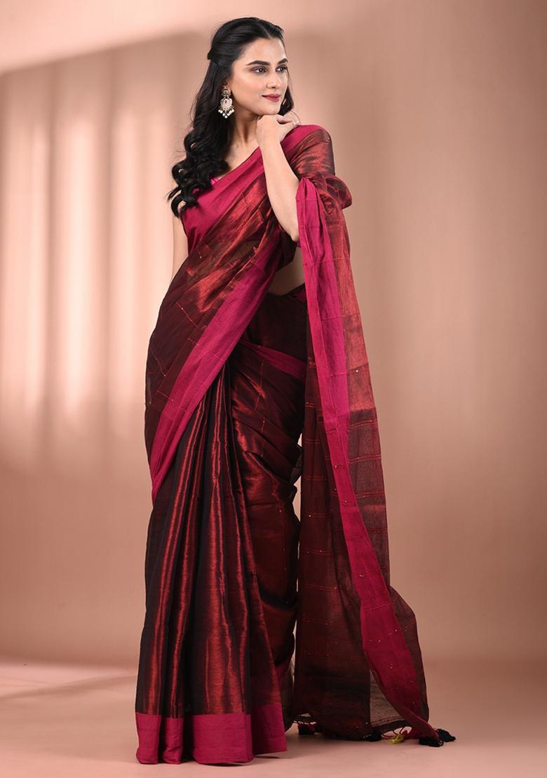 Maroon Floral Embroidery Tissue Saree Set - Indya