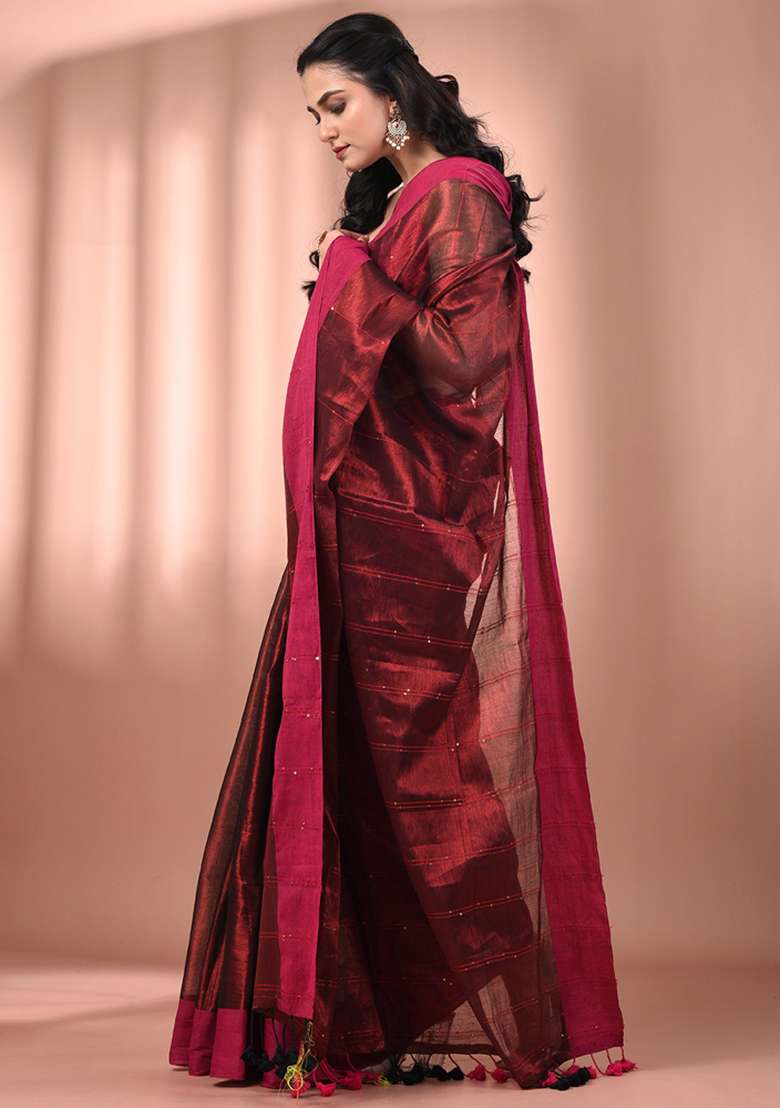 Maroon Floral Embroidery Tissue Saree Set - Indya