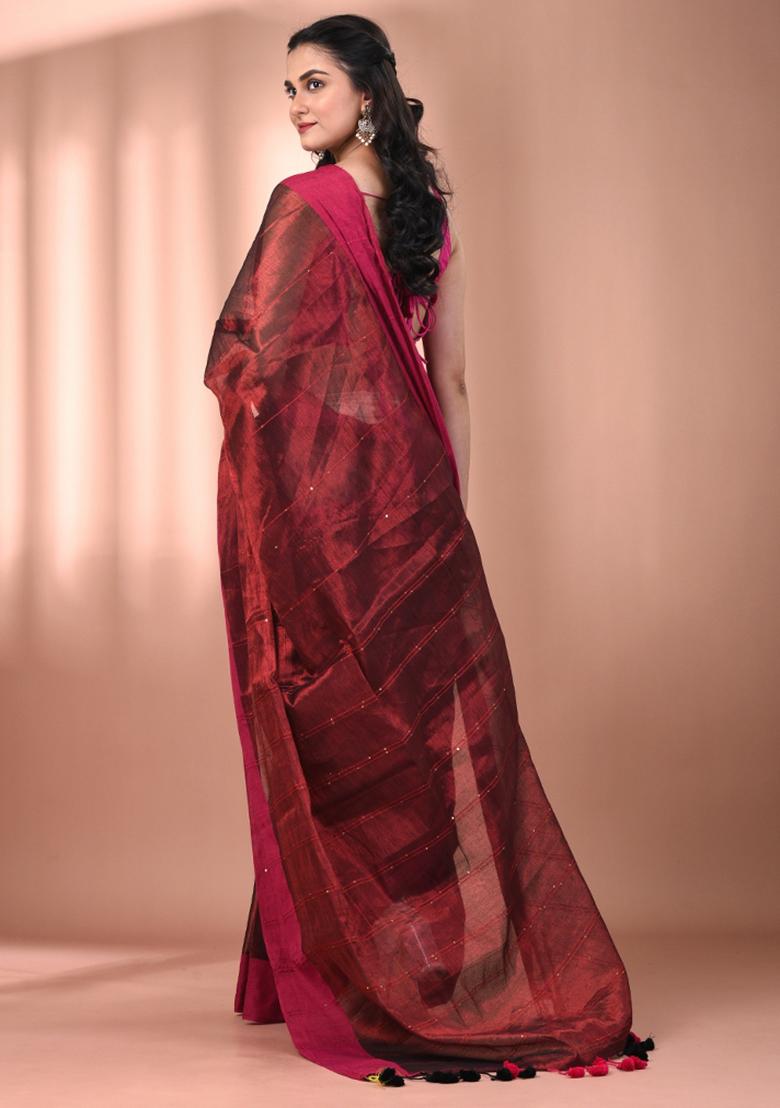 Maroon Floral Embroidery Tissue Saree Set - Indya