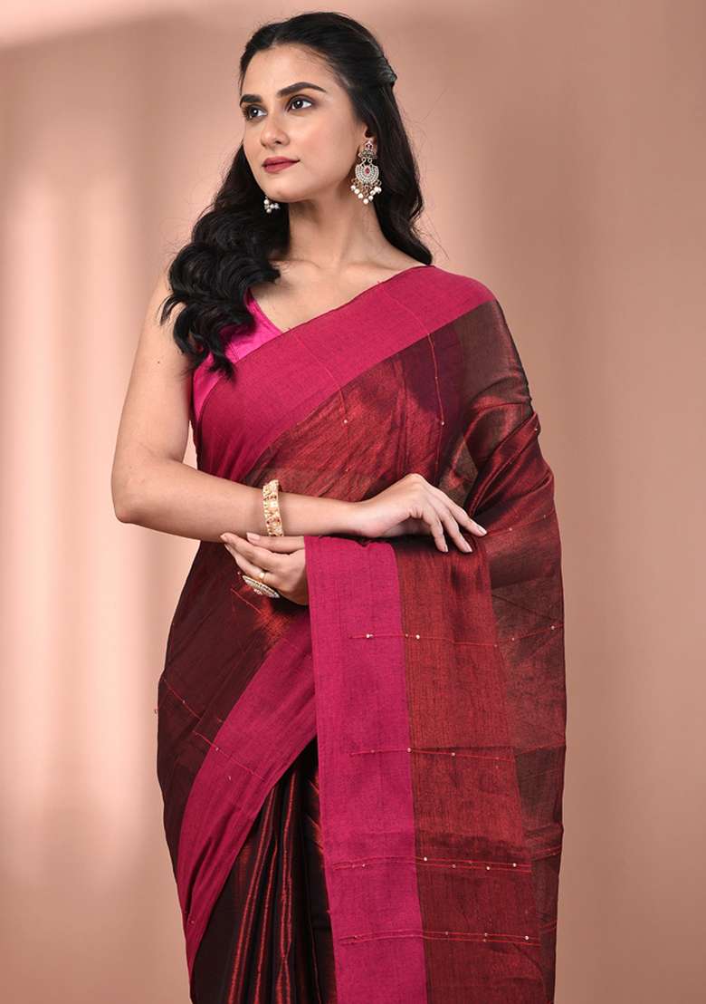 Maroon Floral Embroidery Tissue Saree Set - Indya