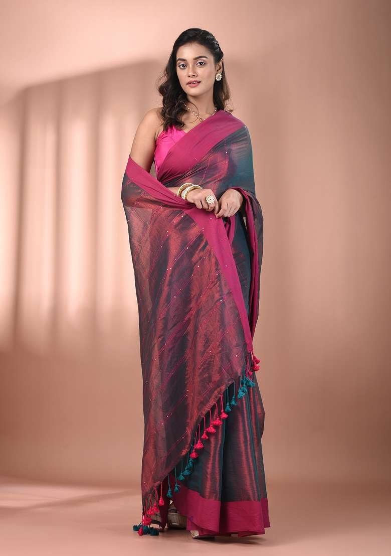 Copper And Teal Floral Embroidery Tissue Saree Set - Indya