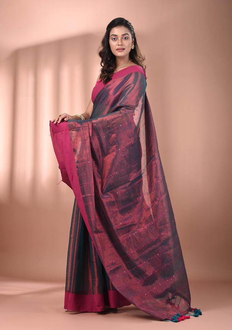 Copper And Teal Floral Embroidery Tissue Saree Set - Indya