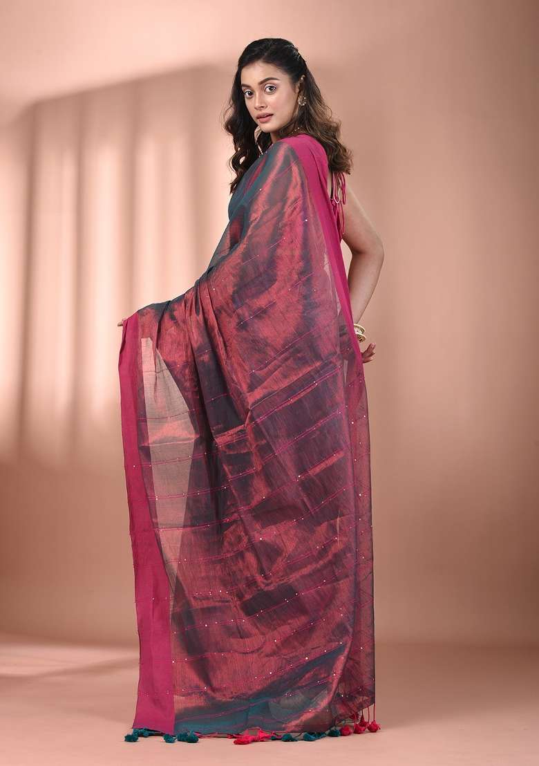 Copper And Teal Floral Embroidery Tissue Saree Set - Indya