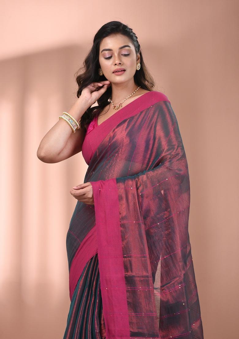 Copper And Teal Floral Embroidery Tissue Saree Set - Indya
