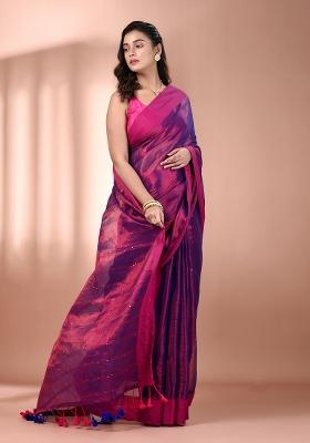 Purple Floral Embroidery Tissue Saree Set
