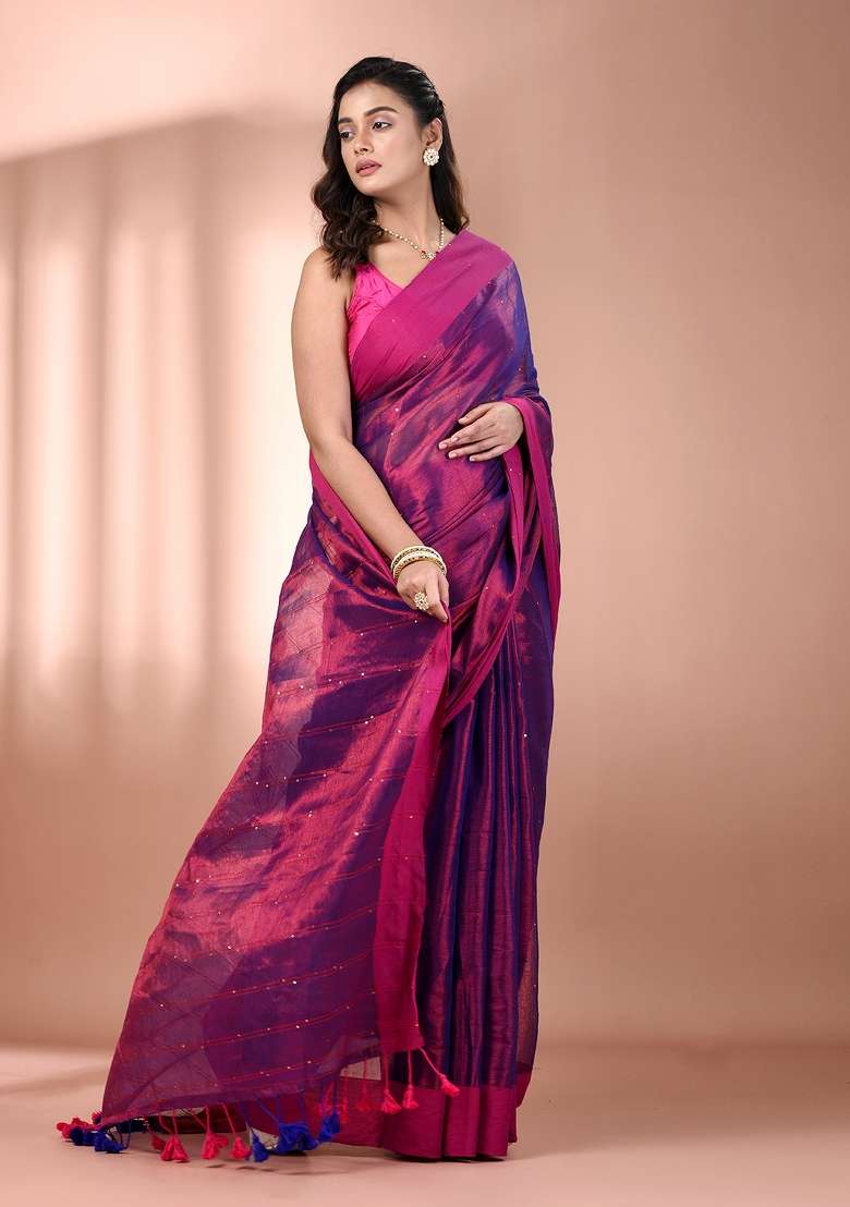 Purple Floral Embroidery Tissue Saree Set - Indya