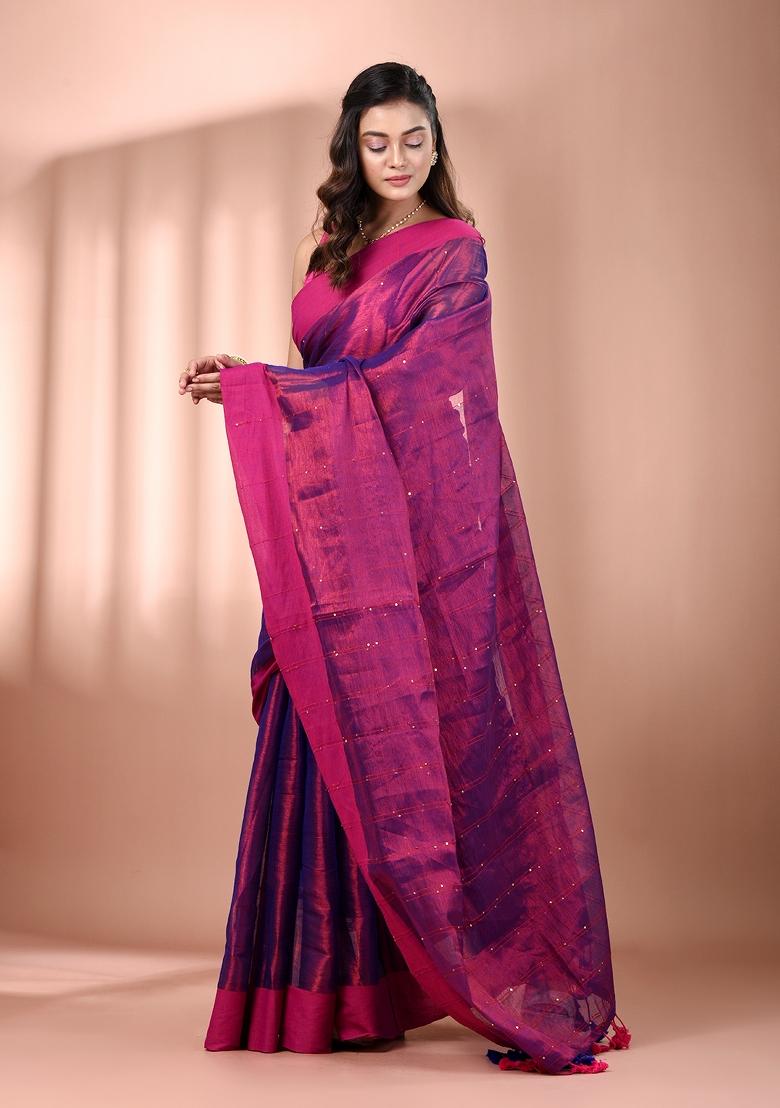 Purple Floral Embroidery Tissue Saree Set - Indya