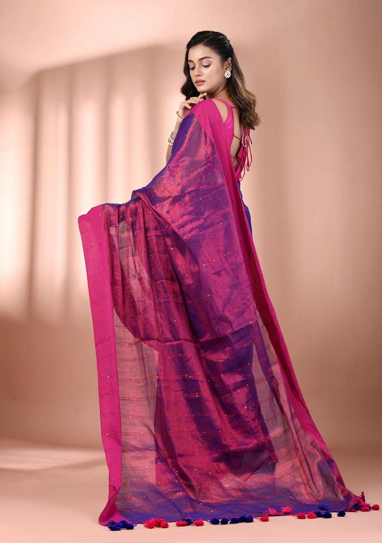 Purple Floral Embroidery Tissue Saree Set - Indya