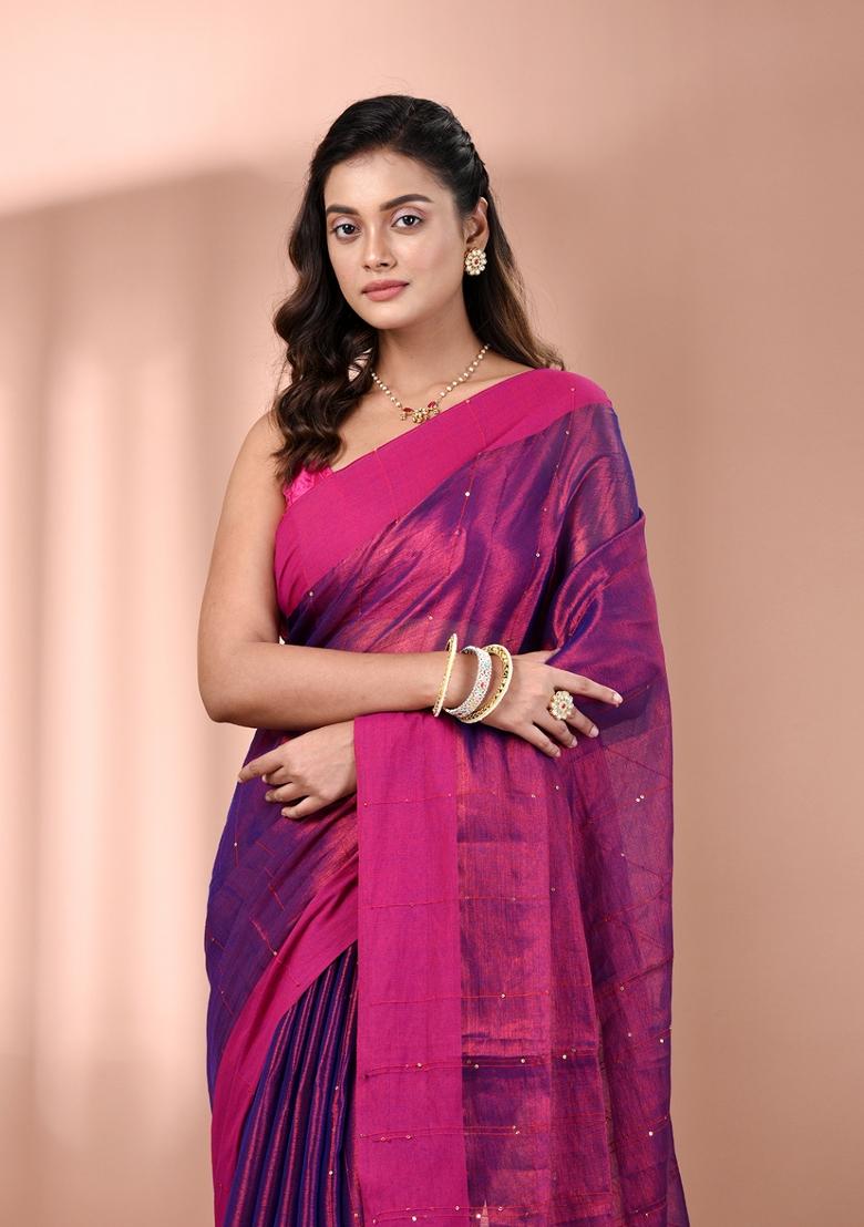 Purple Floral Embroidery Tissue Saree Set - Indya