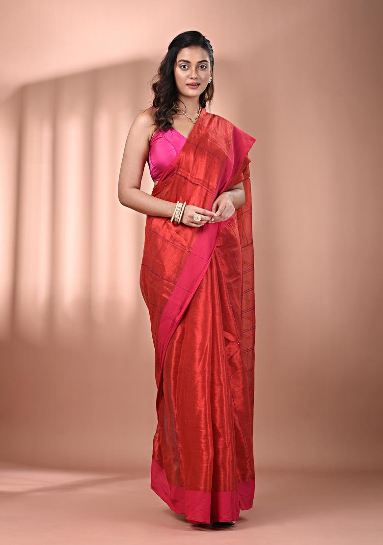 Red Floral Embroidery Tissue Saree Set