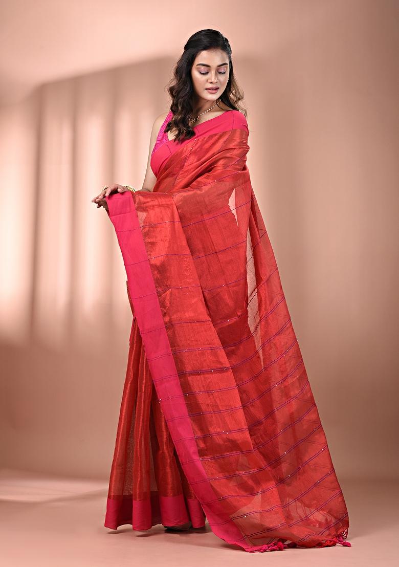 Red Floral Embroidery Tissue Saree Set - Indya