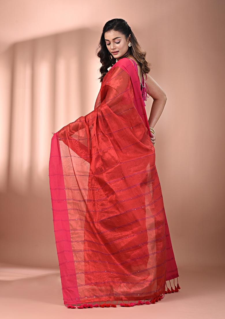 Red Floral Embroidery Tissue Saree Set