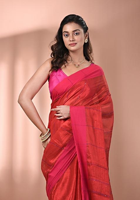 Red Floral Embroidery Tissue Saree Set