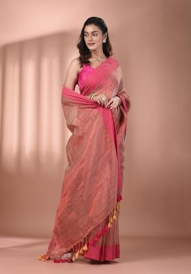 Beige Floral Embroidery Tissue Saree Set
