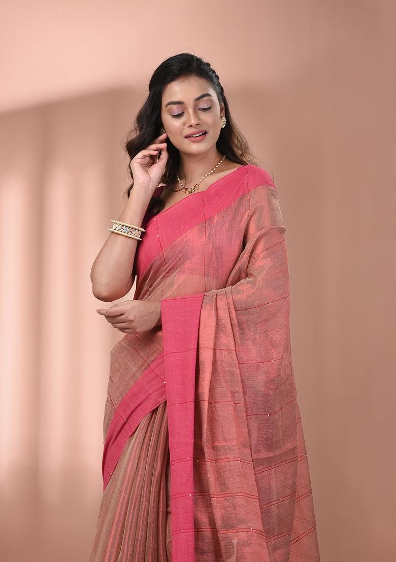 Beige Floral Embroidery Tissue Saree Set - Indya