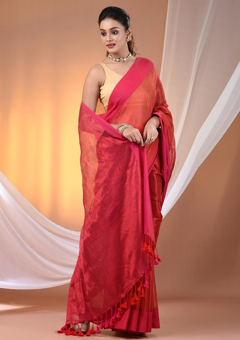 Red And Pink Floral Embroidery Tissue Saree Set
