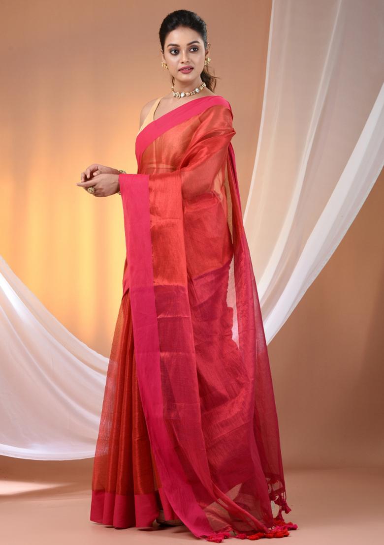 Red And Pink Floral Embroidery Tissue Saree Set - Indya