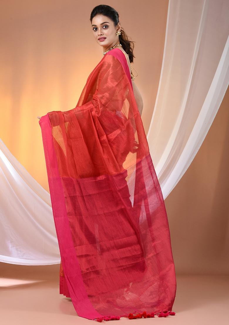 Red And Pink Floral Embroidery Tissue Saree Set