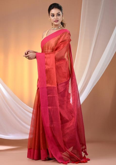 Red And Pink Floral Embroidery Tissue Saree Set