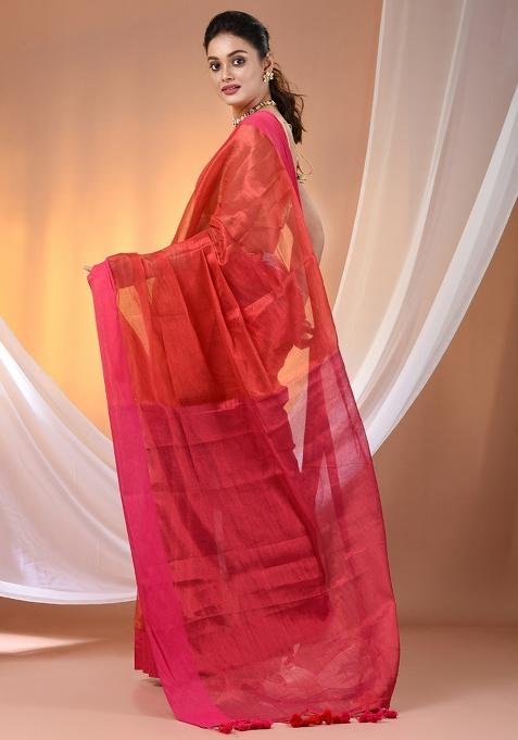 Red And Pink Floral Embroidery Tissue Saree Set