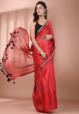 Red Floral Embroidery Tissue Saree Set