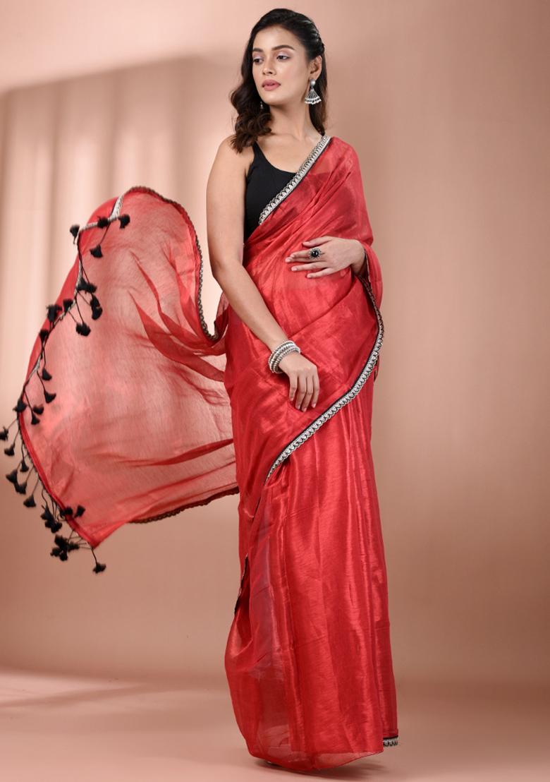 Red Floral Embroidery Tissue Saree Set