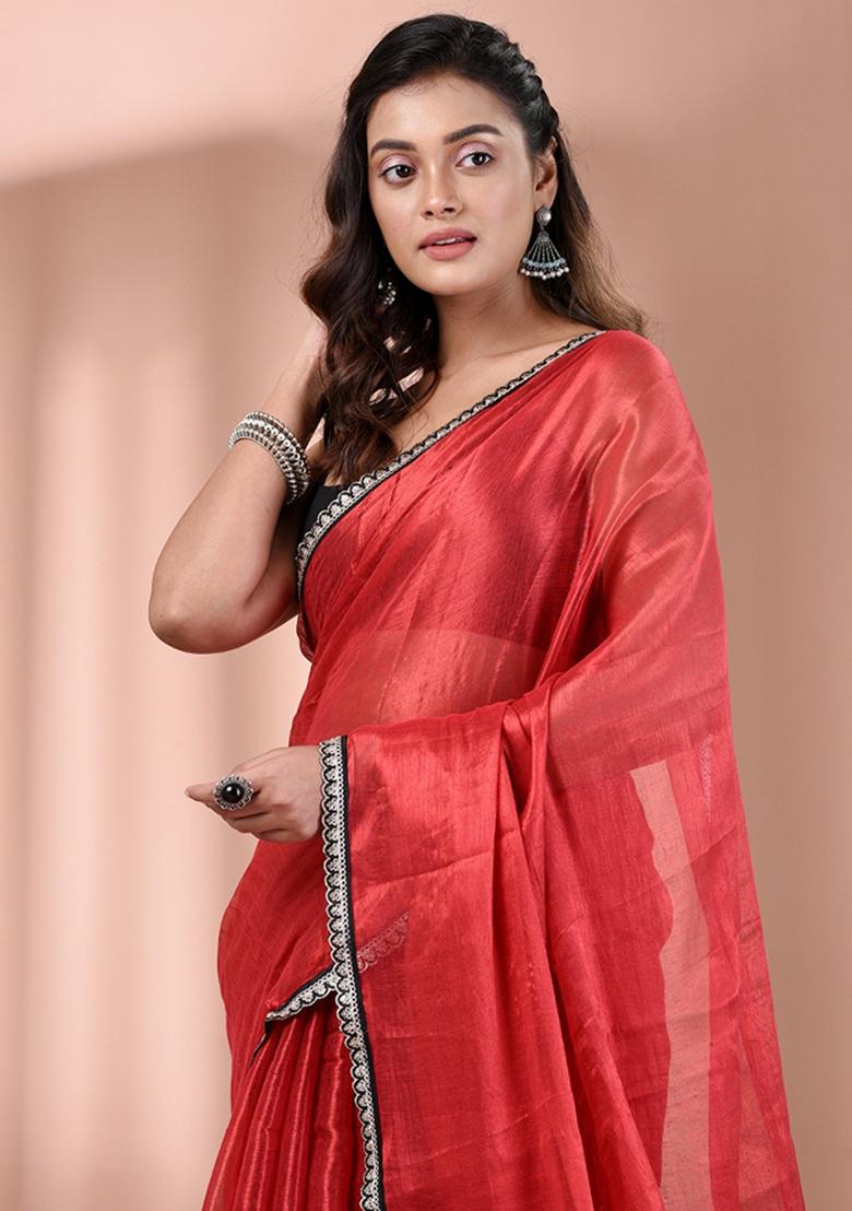 Red Floral Embroidery Tissue Saree Set - Indya