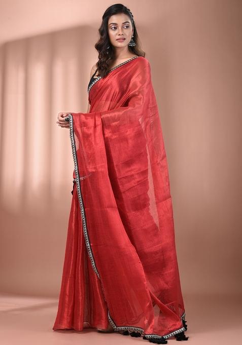 Red Floral Embroidery Tissue Saree Set