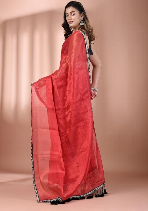 Red Floral Embroidery Tissue Saree Set