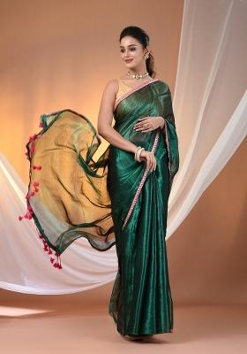 Green Floral Embroidery Tissue Saree Set