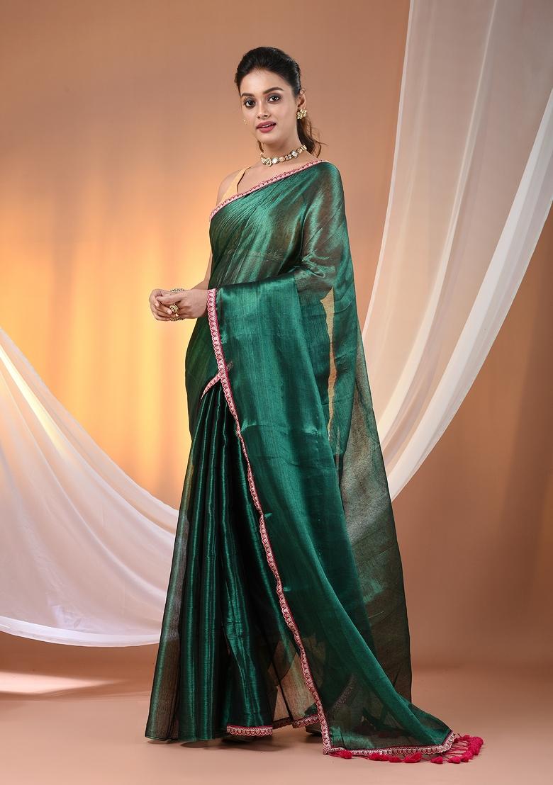 Green Floral Embroidery Tissue Saree Set - Indya