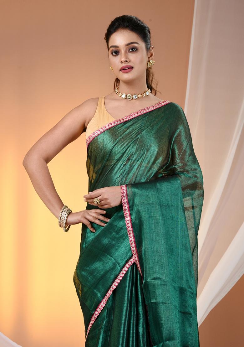 Green Floral Embroidery Tissue Saree Set - Indya