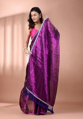 Purple Floral Embroidery Tissue Saree Set