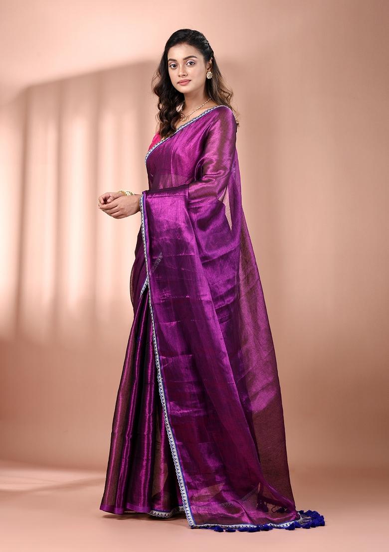 Purple Floral Embroidery Tissue Saree Set - Indya