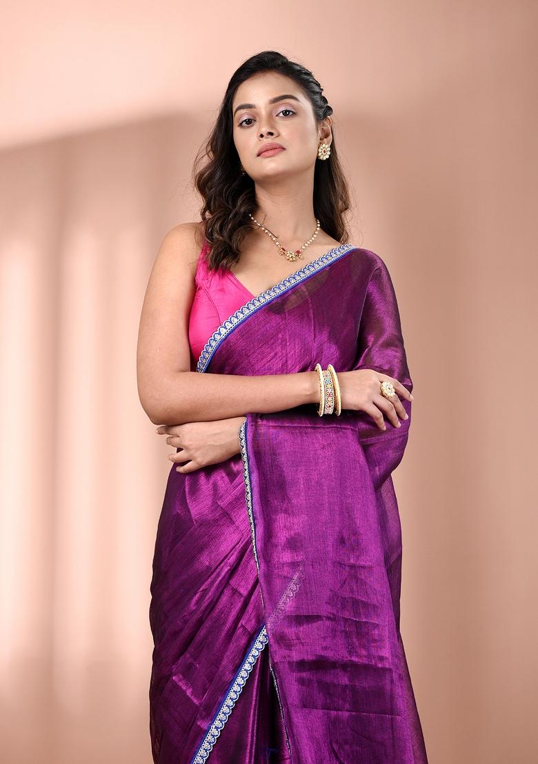 Purple Floral Embroidery Tissue Saree Set - Indya