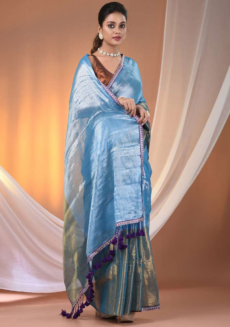 Turquoise Blue Floral Embroidery Tissue Saree Set for Diwali and Festive Wear - Indya