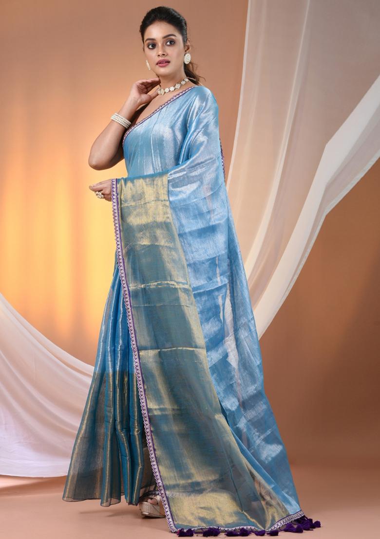 Turquoise Blue Floral Embroidery Tissue Saree Set - Indya