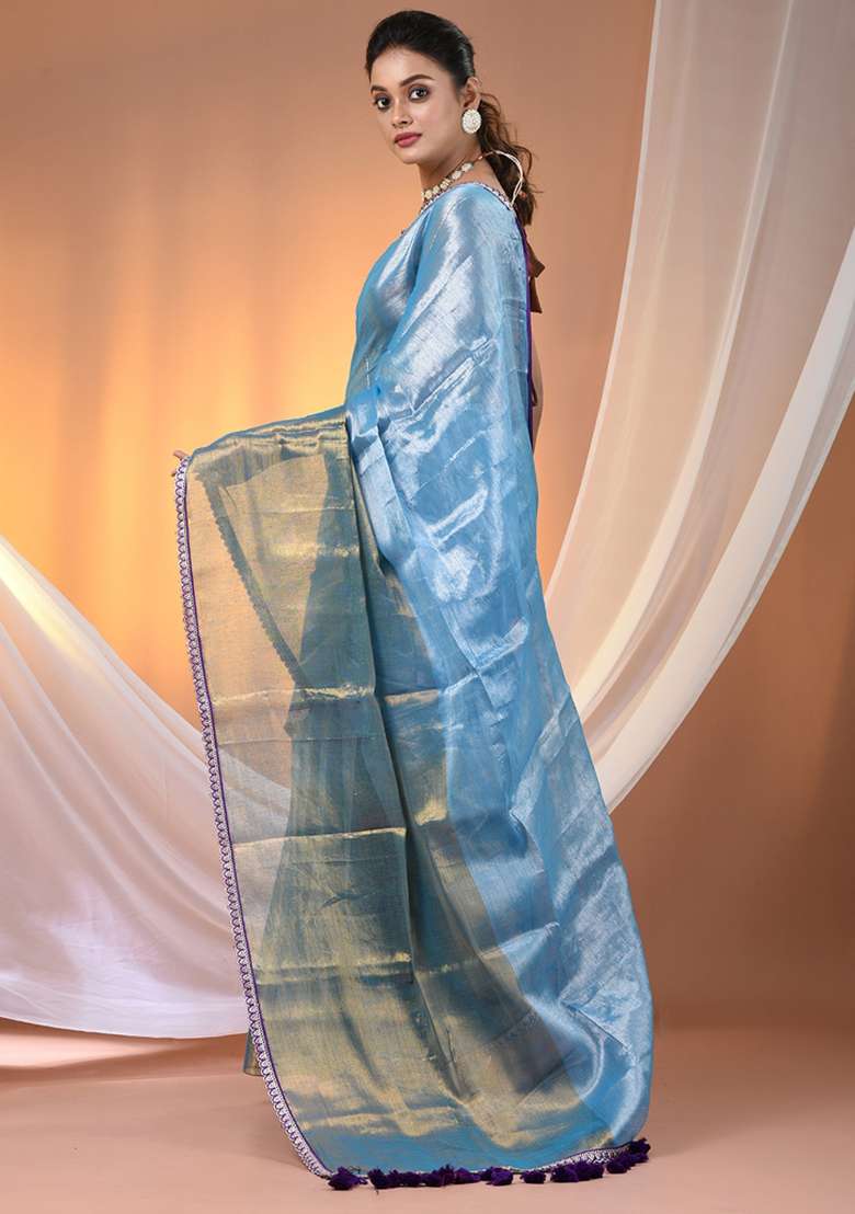 Turquoise Blue Floral Embroidery Tissue Saree Set for Diwali and Festive Wear - Indya
