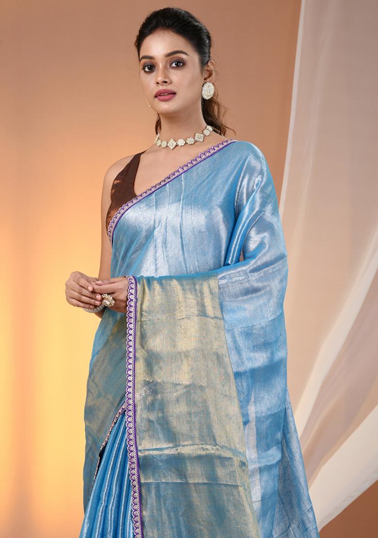 Turquoise Blue Floral Embroidery Tissue Saree Set - Indya