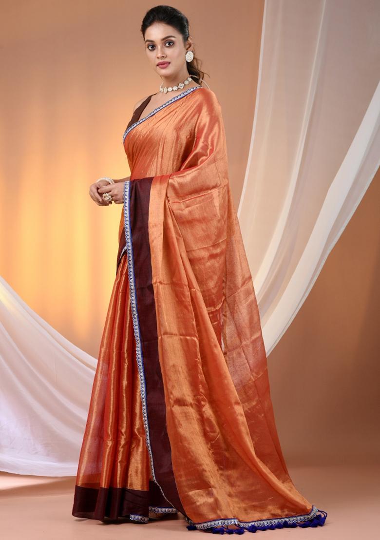 Red Floral Embroidery Tissue Saree Set - Indya